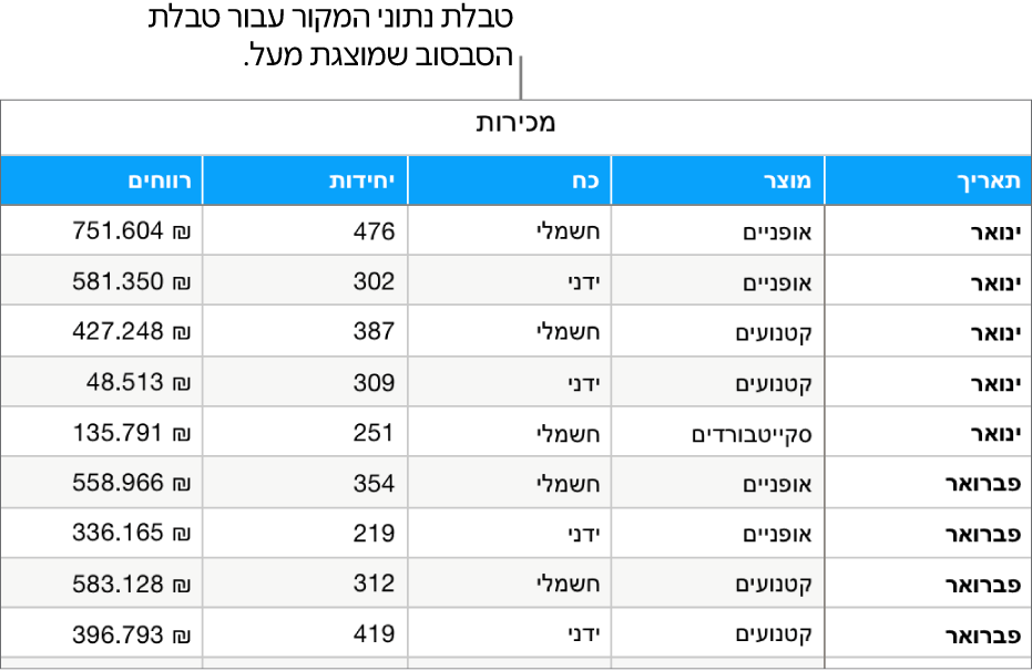 טבלה עם נתוני המקור, שבה רואים את מספר היחידות שנמכרו ואת הרווחים ממכירת אופניים, קטנועים וסקייטבורדים, לפי חודש וסוג המוצר (רגיל או חשמלי).