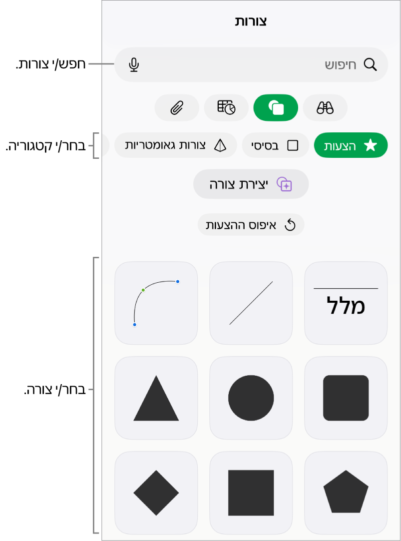 ספריית הצורות, כשקטגוריות מופיעות למעלה וצורות מוצגות למטה. ניתן להשתמש בשדה החיפוש בראש המסך כדי למצוא צורות ולהחליק כדי להציג עוד.