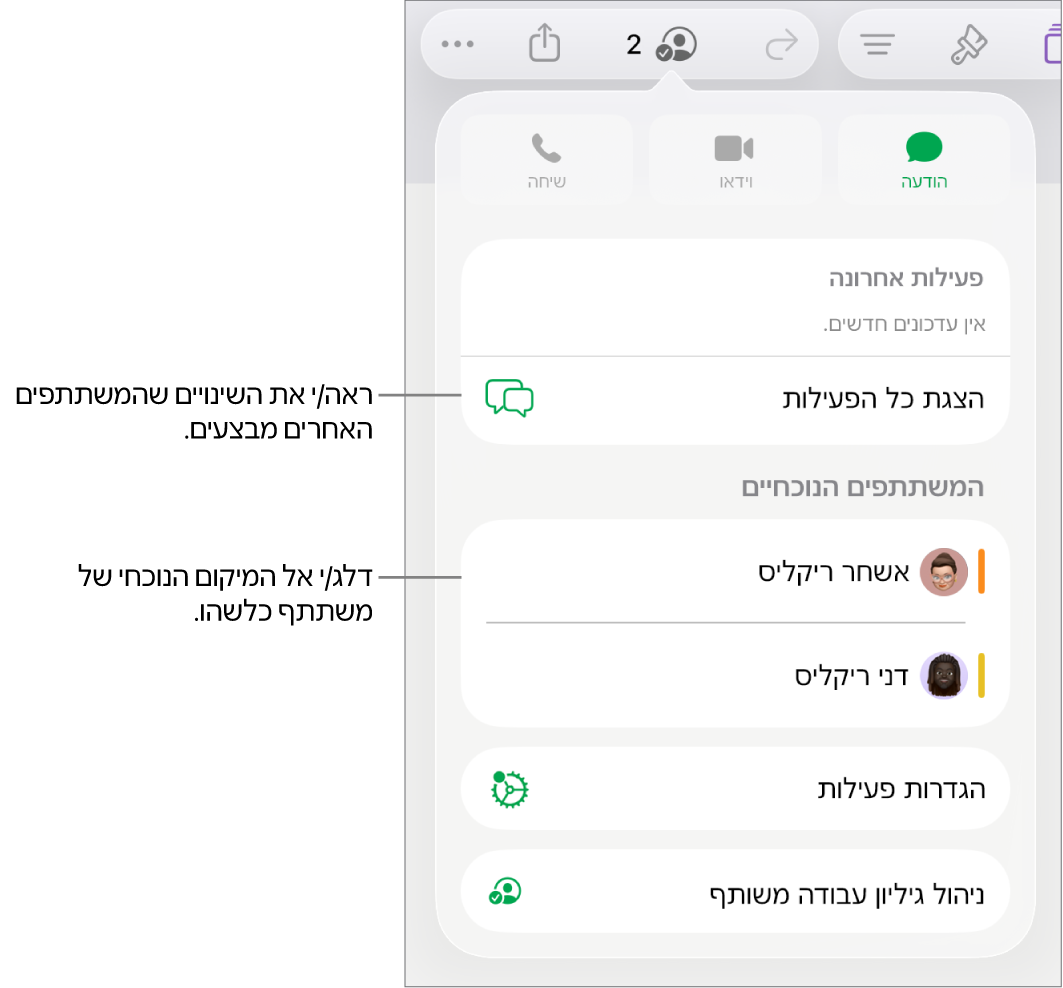 תפריט ״שיתוף פעולה״ שרואים בו משתתפים פעילים כעת.