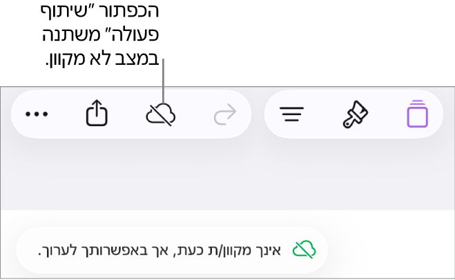 הכפתורים בראש המסך, עם הכפתור ״שיתוף פעולה״ שהשתנה לענן עם קו אלכסוני חוצה. התראה על המסך עם הכיתוב ״ניתן לערוך למרות שהמכשיר שלך לא מחובר לאינטרנט״.