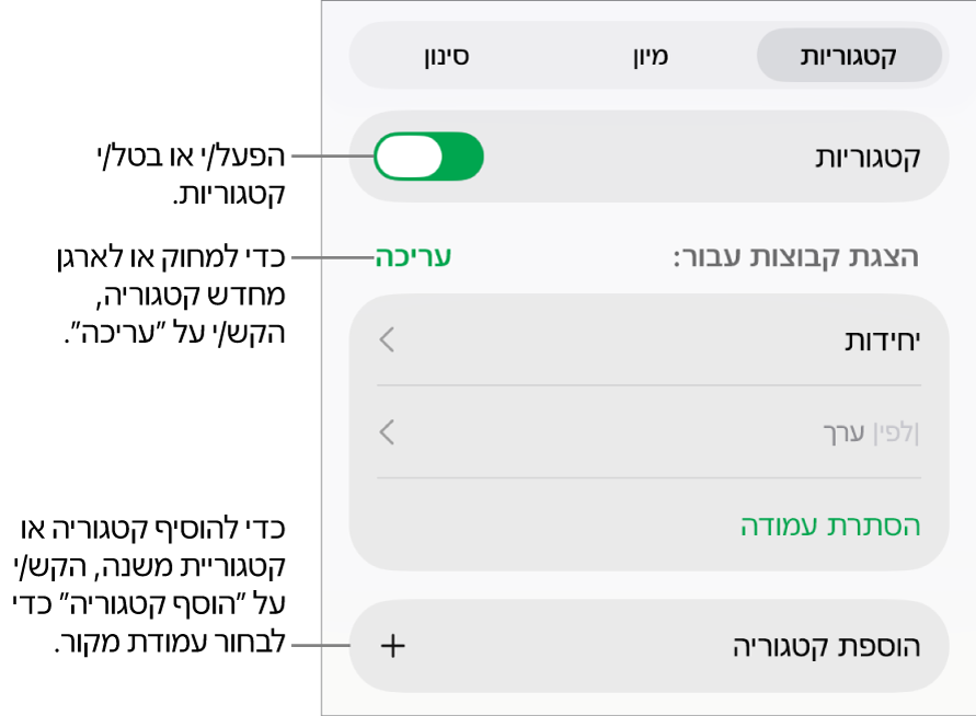 התפריט ״קטגוריות״ ב-iPad עם אפשרויות לביטול קטגוריות, מחיקת קטגוריות, סידור מחדש של נתונים בקבוצות, הסתרת עמודת מקור והוספת קטגוריות.
