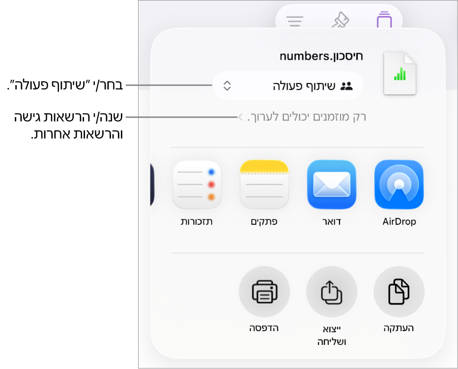 תפריט השיתוף כאשר האפשרות ״שיתוף פעולה״ נבחרת בחלק העליון ומתחתיה הגדרות הגישה וההרשאות.