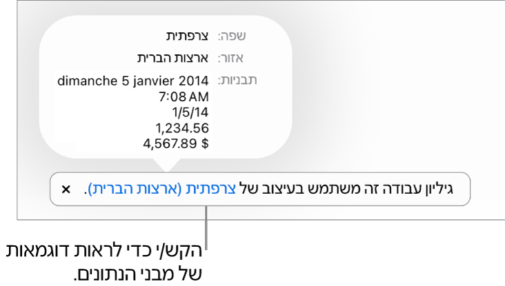ההודעה לגבי הגדרת השפה והעיצוב השונים, עם דוגמאות של העיצוב בשפה זו ובאזור זה.