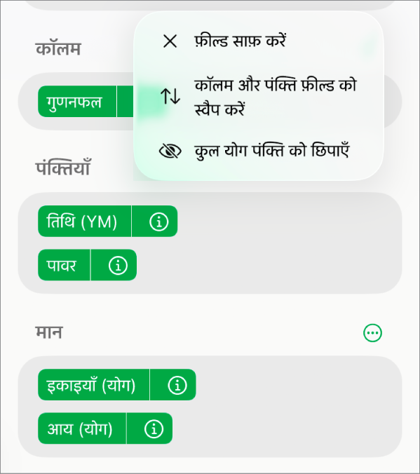 अधिक फ़ील्ड विकल्प मेनू जो कुल योग छिपाने, कॉलम और पंक्ति फ़ील्ड को स्वैप करने और फ़ील्ड को साफ़ करने के लिए नियंत्रण दिखाता है।