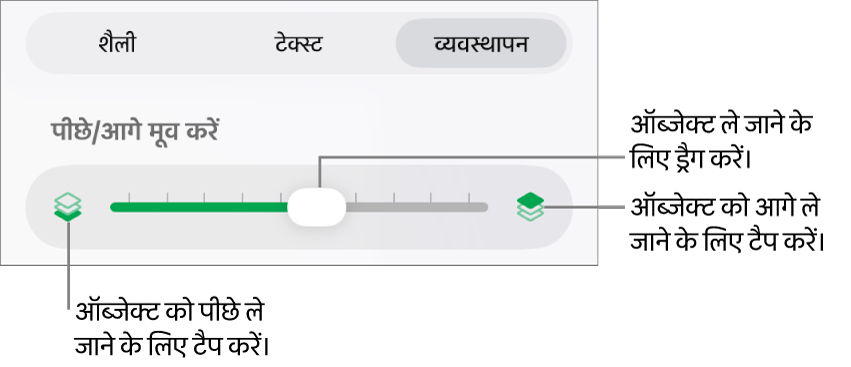 “पीछे मूव करें” बटन, “आगे मूव करें” बटन और लेयर स्लाइडर।
