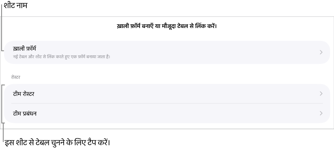 एक ही स्प्रेडशीट में शीर्ष पर ख़ाली फ़ॉर्म बनाने के विकल्प के साथ टेबल की सूची।