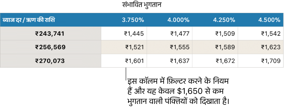 किफ़ायती ब्याज़ दरों के लिए फ़िल्टर करने के बाद प्रदर्शित बंधक टेबल।