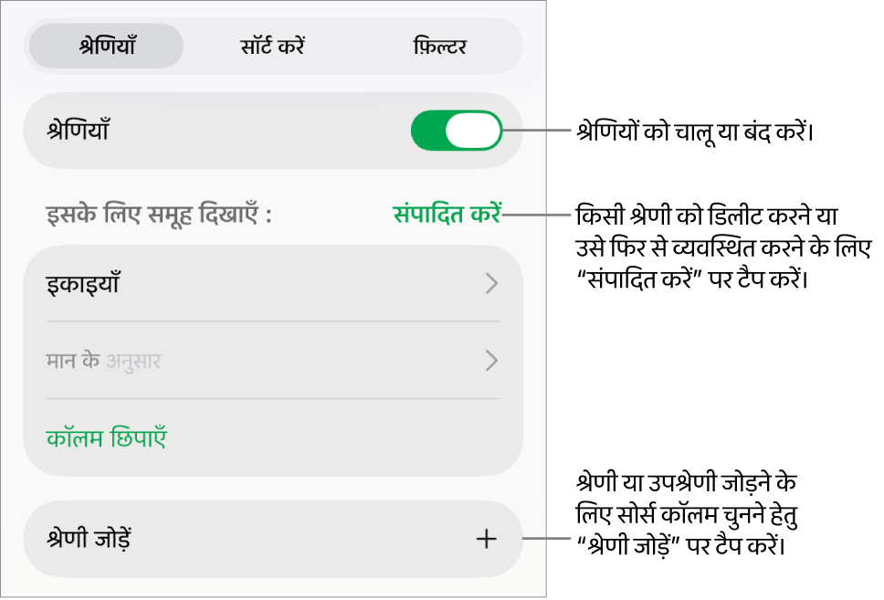 श्रेणियाँ बंद करने, श्रेणियाँ डिलीट करने, डेटा को फिर से समूह में डालने, सोर्स कॉलम छिपाने और श्रेणियाँ जोड़ने के विकल्पों के साथ iPad के लिए श्रेणी मेनू।