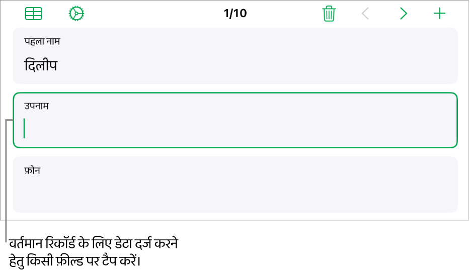 सम्मिलन बिंदु के साथ सक्रिय फ़ील्ड दिखाता हुआ फ़ॉर्म में मौजूद रिकॉर्ड।