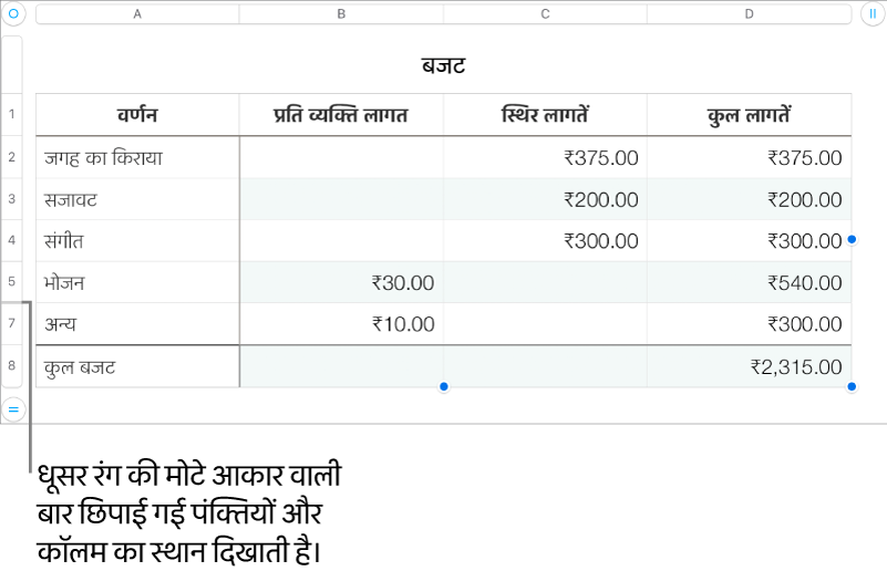 छिपी हुई पंक्तियों और कॉलम का स्थान दिखाने वाली एक मोटी ग्रे बार
