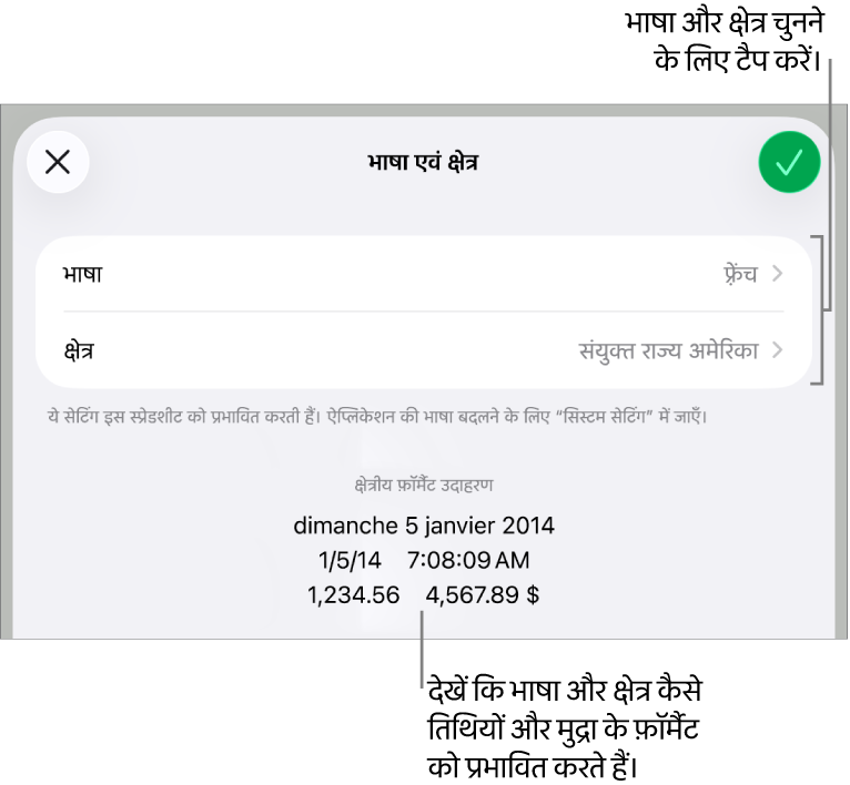 भाषा और क्षेत्र पेन जिसमें भाषा और क्षेत्र के लिए नियंत्रण हैं और एक फ़ॉर्मैट उदाहरण हैं जिसमें तिथि, समय, दशमलव और मुद्रा शामिल हैं।