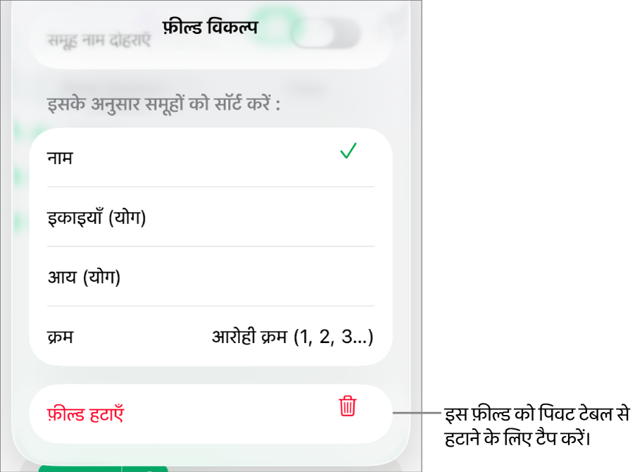फ़ील्ड विकल्प मेनू जो डेटा को वर्गीकृत करने और सॉर्ट करने के लिए नियंत्रण दिखाता है, साथ में फ़ील्ड को हटाने के लिए विकल्प दिखाता है।