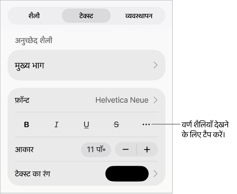 शीर्ष पर अनुच्छेद शैलियों के साथ फ़ॉर्मैट नियंत्रण, फिर फ़ॉन्ट नियंत्रण। फ़ॉन्ट के नीचे टेक्स्ट करने के लिए बोल्ड, अंडरलाइन, स्ट्राइकथ्रू इत्यादि विकल्प के बटन हैं।