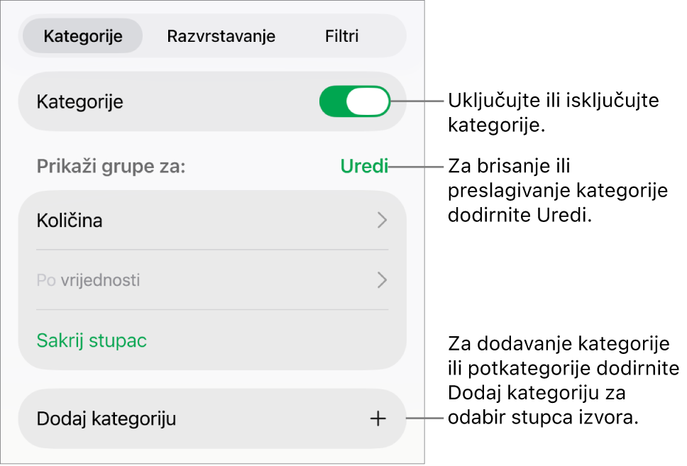 Izbornik Kategorije za iPad uređaj s opcijama za isključivanje kategorija, brisanje kategorija, regrupiranje podataka, skrivanje izvorišnog stupca i dodavanje kategorija.