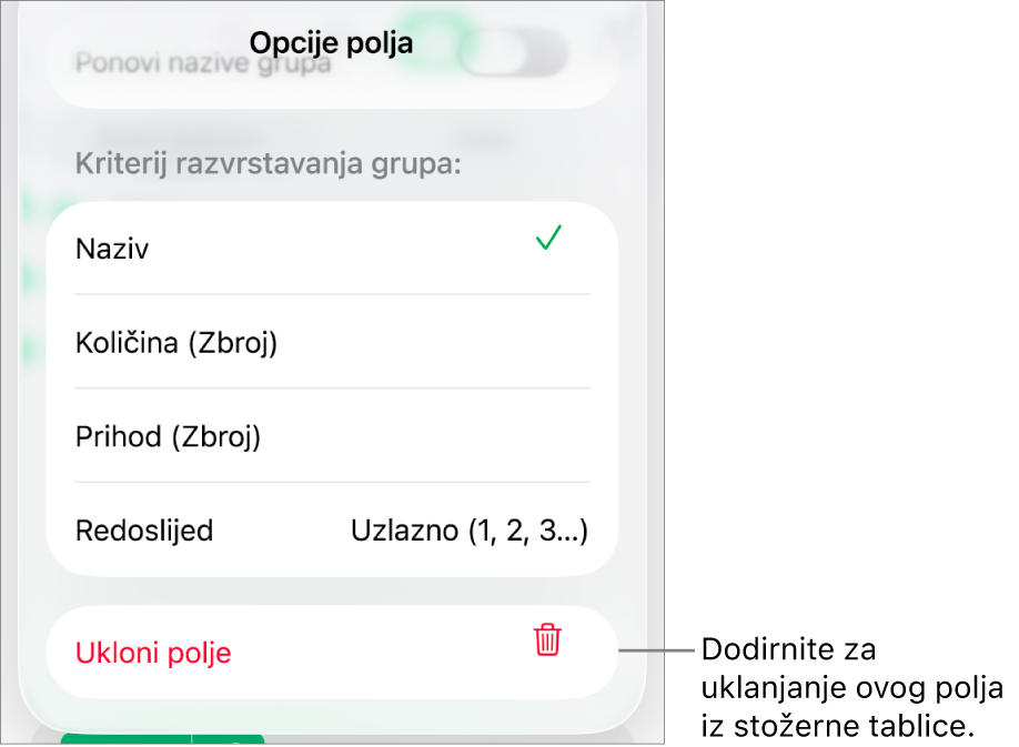 Izbornik Opcije polja prikazuje naredbe za grupiranje i razvrstavanje podataka, kao i opcije za uklanjanje polja.