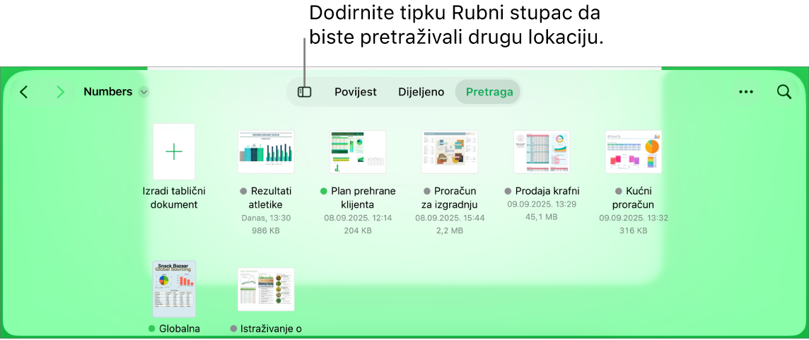 Prikaz pretraživanja upravljanja dokumentima s tipkom Rubni stupac u gornjem lijevom kutu. U gornjem desnom kutu nalazi se tipka Dodaj, tipka Nova mapa, tipka Ikone (za sortiranje prema imenu, datumu, veličini ili tagu), tipka Odaberi i tipka Pretraži.