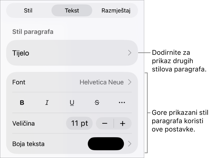 Izbornik Formatiraj s prikazom kontrola teksta za postavljanje paragrafa i stilova paragrafa, fonta, veličine i boje.