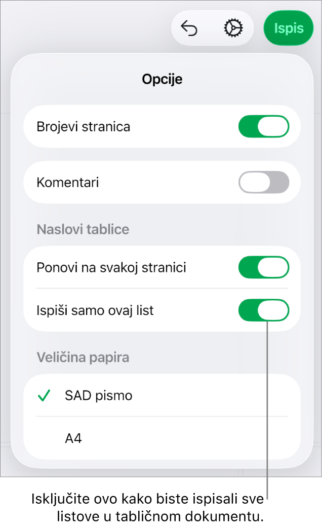 Prozor s pregledom ispisa s kontrolama za prikaz numeracije stranica, zaglavljima koja se ponavljaju na svakoj stranici, promjenom veličine papira i odabirom ispisa cijelog tabličnog dokumenta ili samo trenutačnog lista.