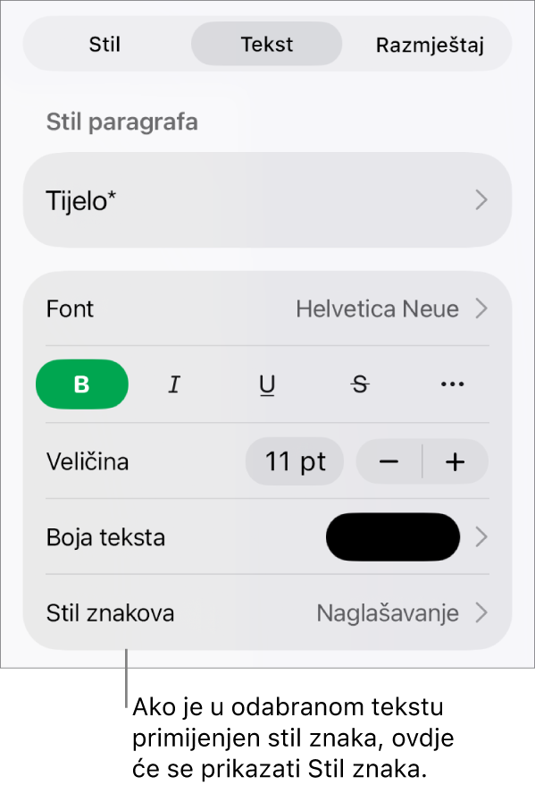 Kontrole za formatiranje teksta sa Stilom znaka ispod Kontrola boja. Stil znaka Bez javlja se s asteriskom.