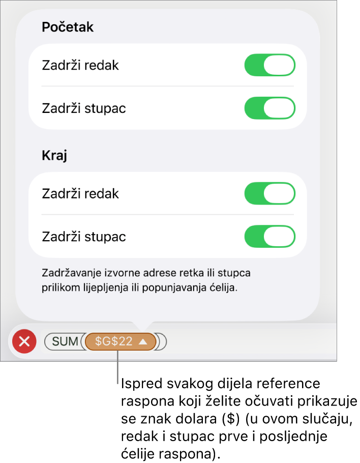 Kontrole za određivanje referenci redaka i stupaca koje će biti sačuvane u slučaju pomicanja ili kopiranja ćelije. Znak dolara pojavljuje se ispred svakog dijela reference raspona koju želite sačuvati.