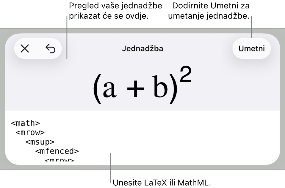 Dijaloški okvir Jednadžba koji prikazuje jednadžbu napisanu korištenjem MathML naredbi i prikaz gornje formule.