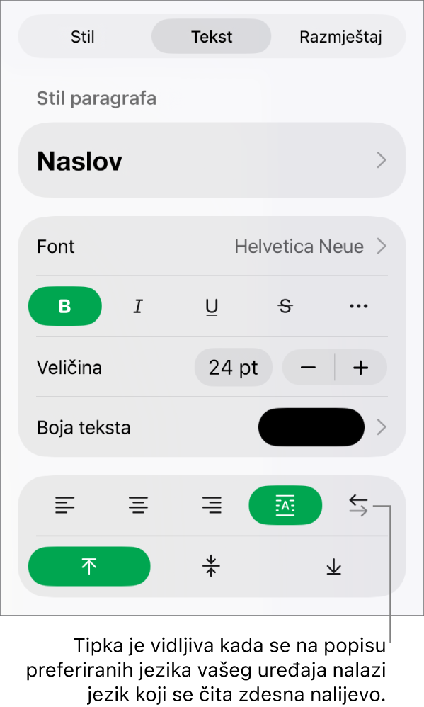 Odjeljak Stil izbornika Formatiraj s balončićem za tipku S desna na lijevo.