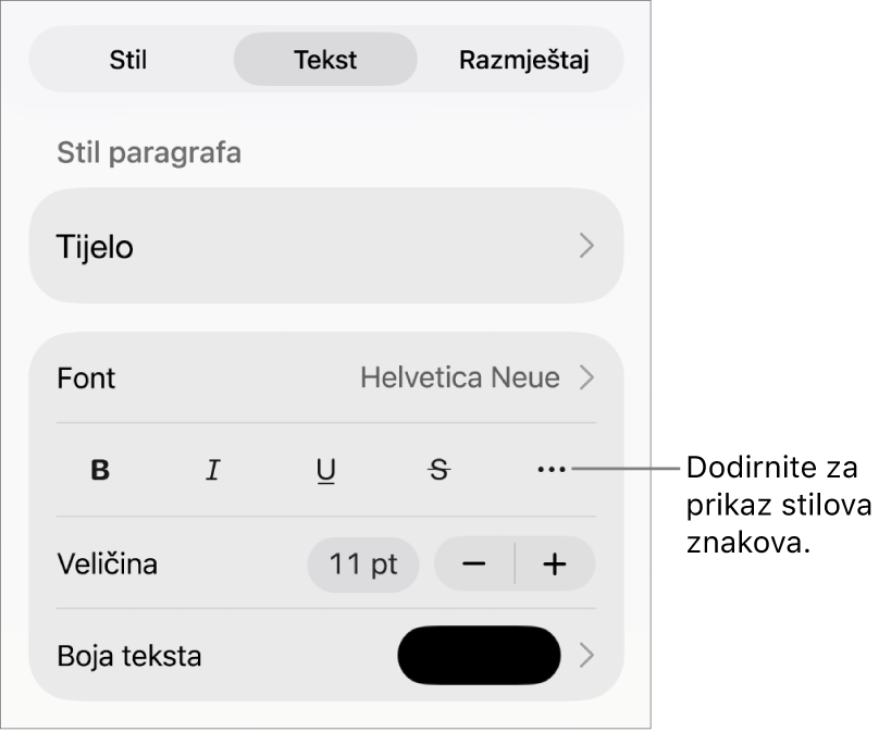 Kontrole opcije Formatiraj sa stilovima paragrafa pri vrhu, zatim kontrole Fonta. Ispod su tipke opcija teksta Podebljano, Kurziv, Podcrtavanje, Precrtavanje i Više.