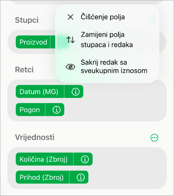 Izbornik Više opcija polja prikazuje naredbe za skrivanje sveukupnih vrijednosti, zamjenu polja stupaca i redaka i čišćenje polja.