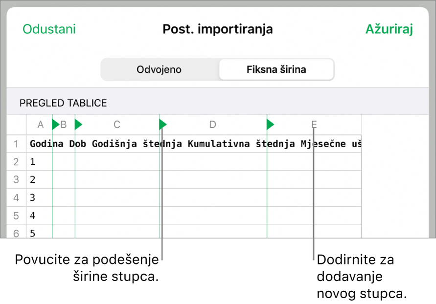 Postavke importiranja za tekstualnu datoteku fiksne širine.