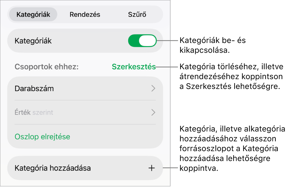A Kategóriák menü iPad esetén, beállításokkal a kategóriák kikapcsolásához, a kategóriák törléséhez, az adatok átcsoportosításához, forrásoszlop elrejtéséhez és kategóriák hozzáadásához.