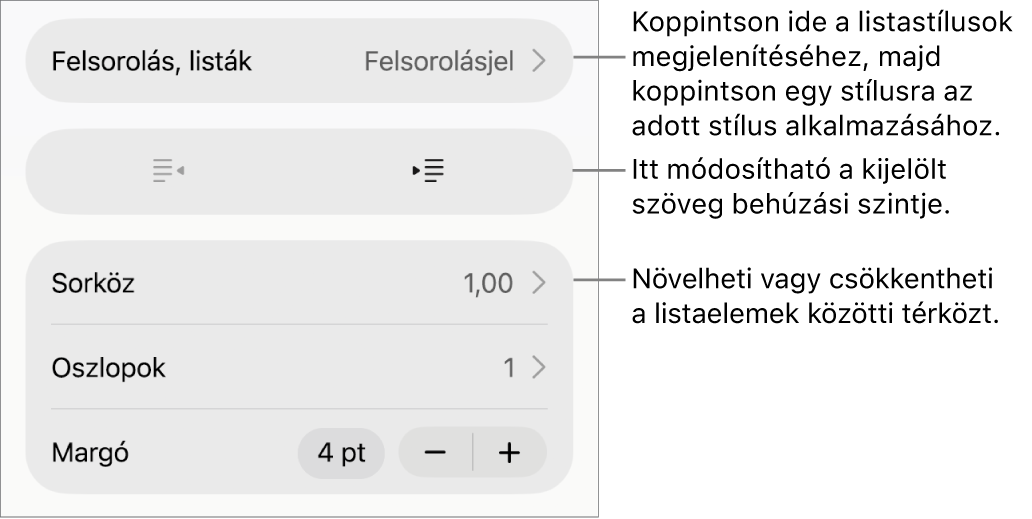 A Formátum vezérlők Felsorolások és listák része, a Felsorolásokat és a listákat, a kihúzás és a behúzás gombokat, valamint a sor térköz vezérlőket jelölő feliratokkal.