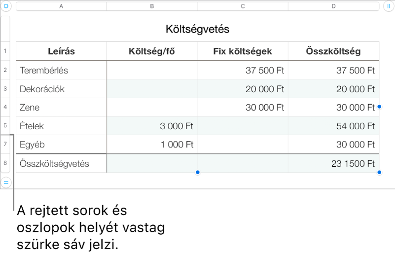 Rejtett sorok és oszlopok helyét jelző vastag szürke sáv