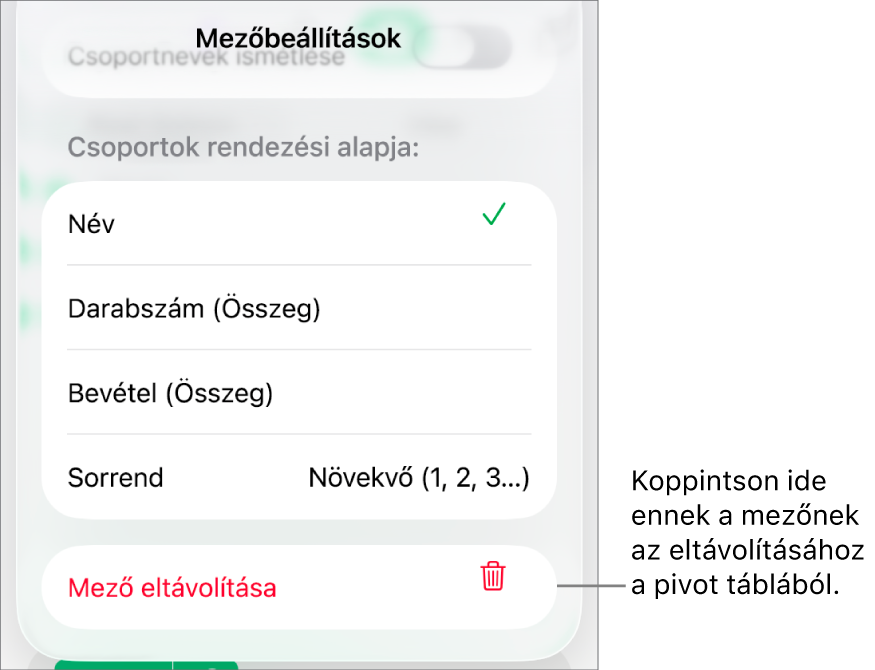 A Mezőbeállítások menü az adatok csoportosítására és rendezésére szolgáló vezérlőkkel, illetve a mező eltávolítására szolgáló lehetőséggel.