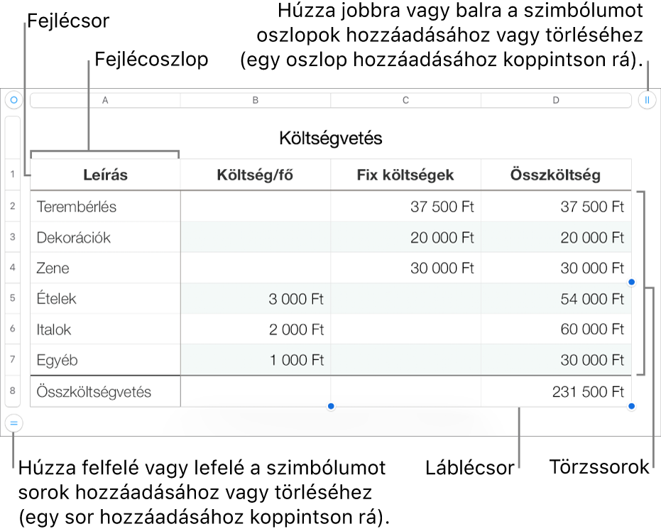 Fejlécet, szövegtörzset, láblécsorokat és oszlopokat, valamint sorok és oszlopok hozzáadásához vagy törléséhez használatos fogantyúkat megjelenítő táblázat.
