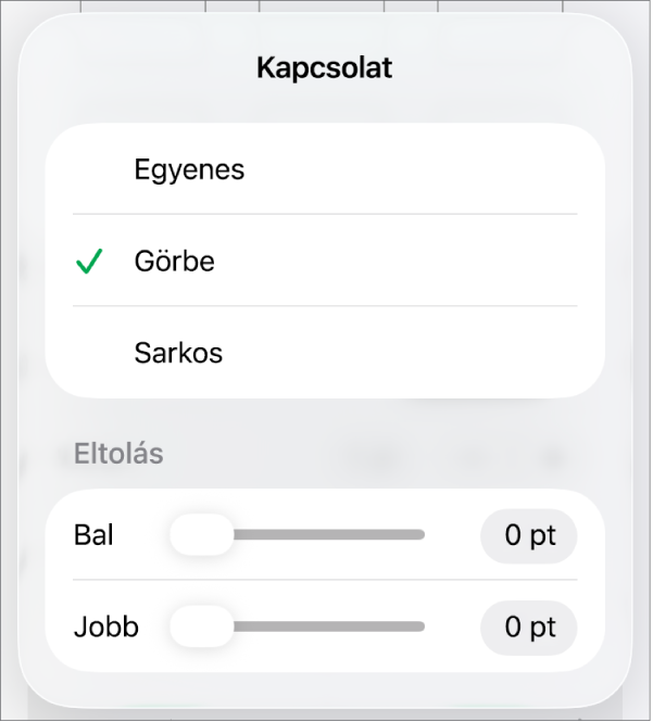 A Kapcsolatok vezérlők a kijelölt Görbe elemmel.