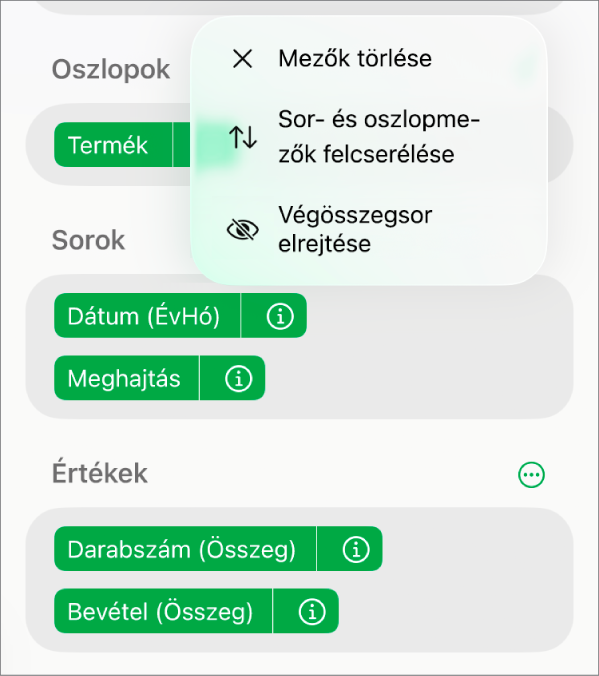 A További mezőbeállítások menü a végösszegek elrejtésére, oszlop- és sormezők felcserélésére és mezők törlésére szolgáló vezérlőkkel.