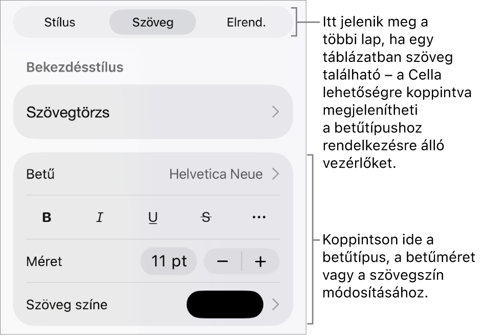 A Formátum menü szövegvezérlői a bekezdés és a karakterek stílusának, betűtípusának, méretének és színének beállításához.