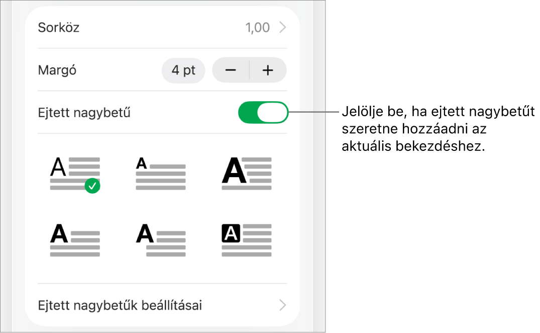 A Szöveg menüben található Iniciálé vezérlők.