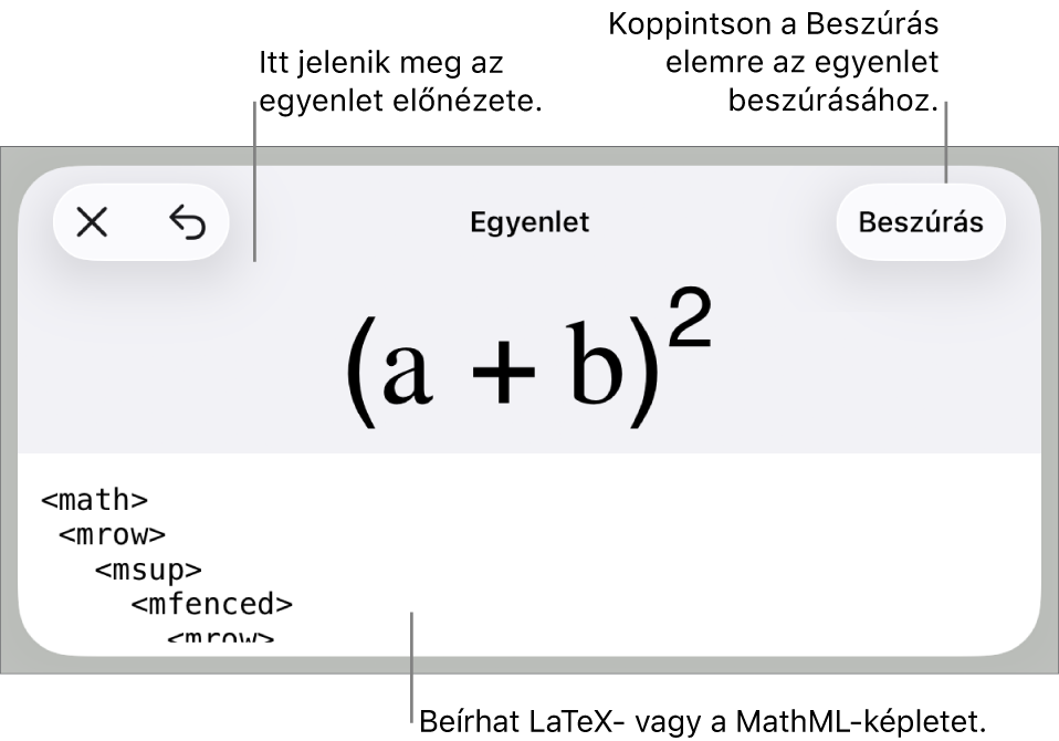 Az Egyenlet párbeszédpanel, amelyen egy, a MathML-parancsok használatával írt egyenlet, felül pedig az egyenlet előnézete látható.