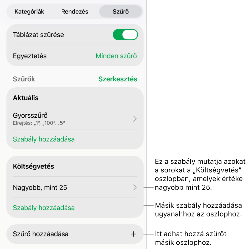 Vezérlők új szűrési szabályok hozzáadásához vagy a meglévők szerkesztéséhez.