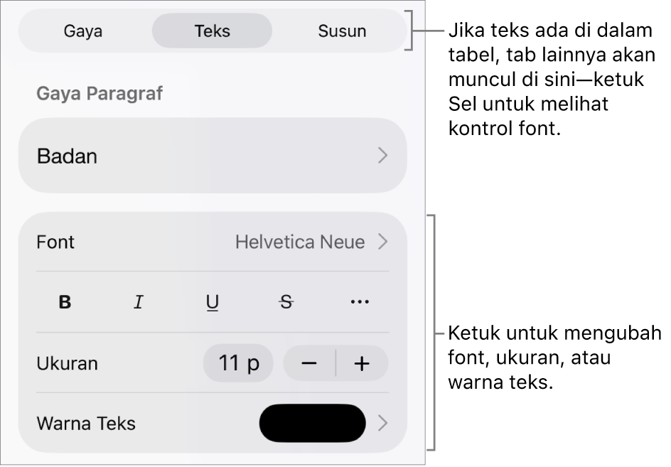 Kontrol teks di menu Format untuk mengatur paragraf dan gaya karakter, font, ukuran, dan warna.