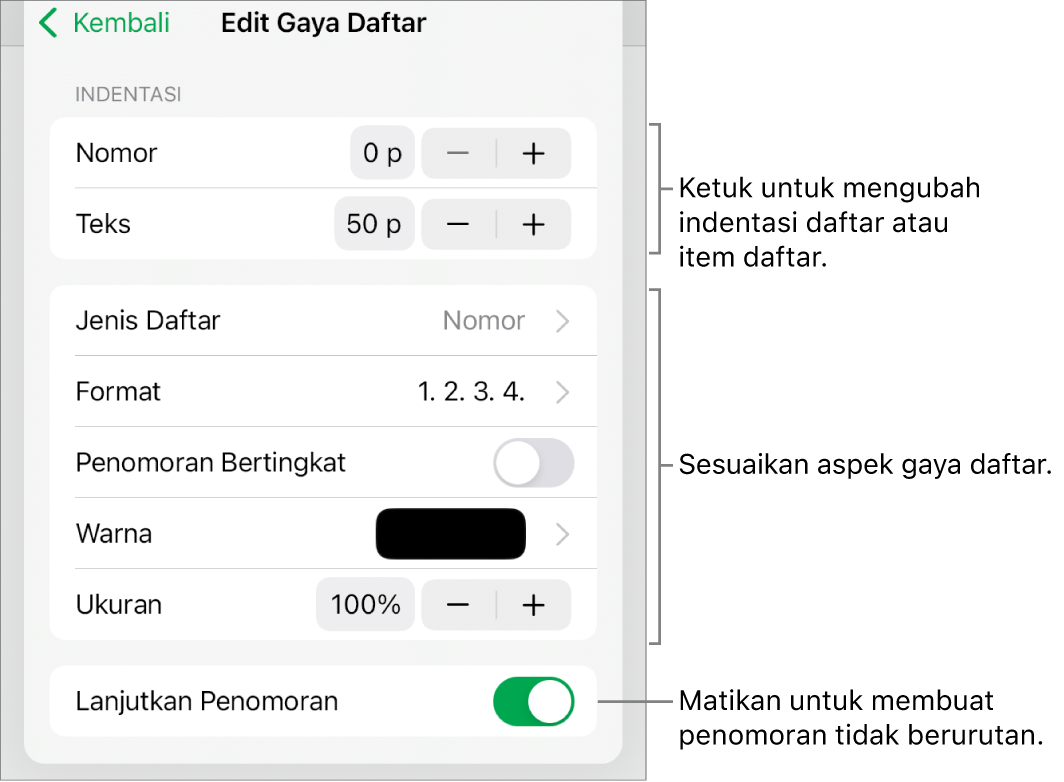 Menu Edit Gaya Daftar untuk spasi indentasi, jenis dan format daftar, penomoran bertingkat, warna dan ukuran daftar, serta penomoran berkelanjutan.