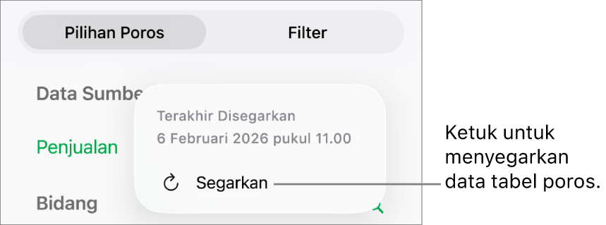 Menu Pilihan Poros menampilkan pilihan untuk menyegarkan tabel poros.