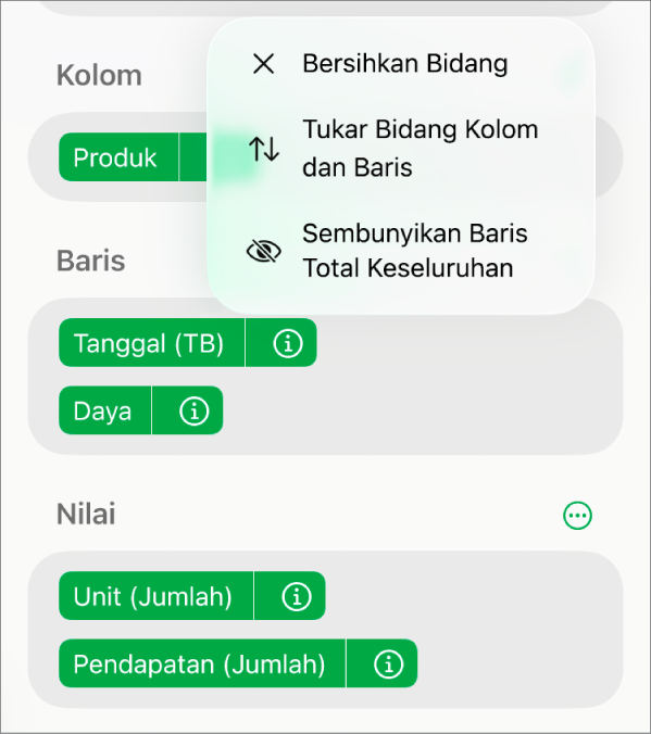 Menu Pilihan Bidang Lainnya, menampilkan kontrol untuk menyembunyikan total keseluruhan, menukar bidang kolom dan baris, dan membersihkan bidang.