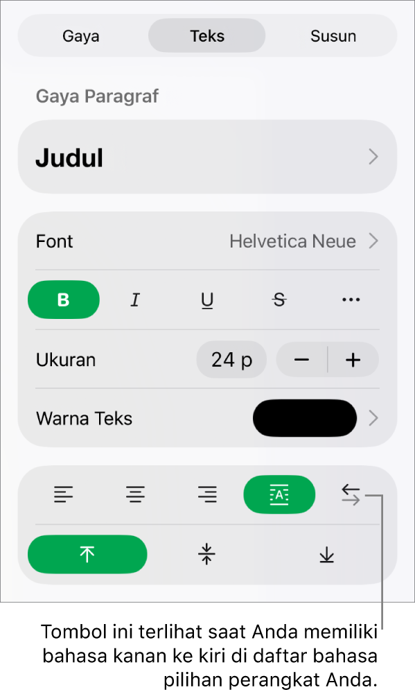 Bagian Gaya di menu Format dengan keterangan ke tombol Kanan ke Kiri.