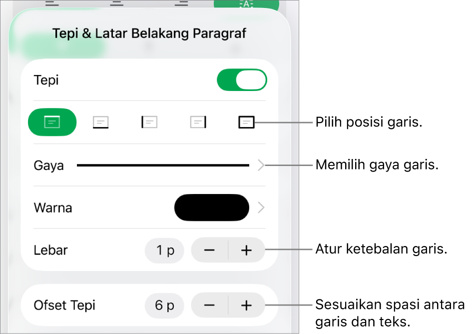 Kontrol untuk mengubah gaya, ketebalan, posisi, dan warna garis.