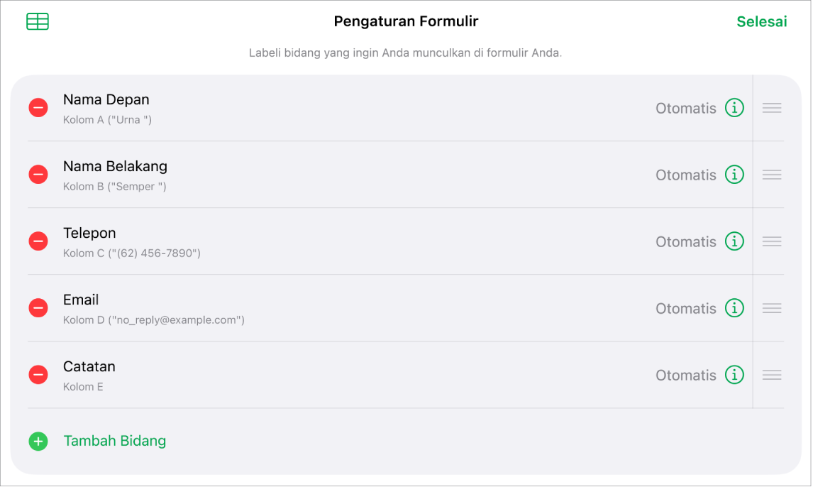 Kontrol pengaturan formulir, menampilkan pilihan untuk menambahkan, mengedit, menyusun ulang, dan menghapus bidang, serta untuk mengubah format bidang (seperti dari Teks ke Persentase).