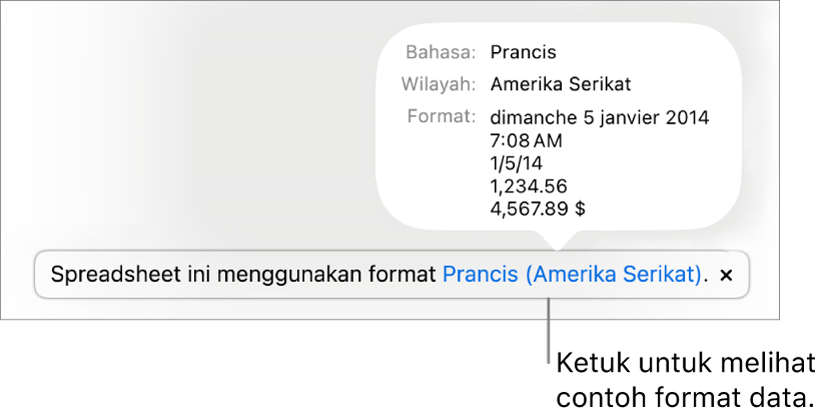 Pemberitahuan pengaturan bahasa dan wilayah yang berbeda, menunjukkan contoh format dalam bahasa dan wilayah tersebut.