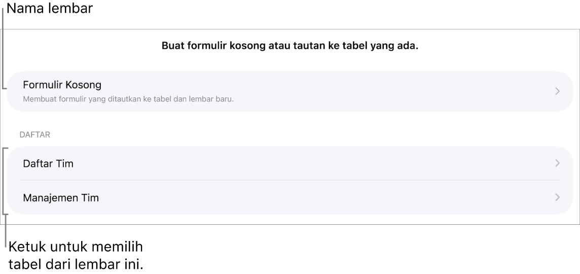Daftar tabel yang ada di spreadsheet yang sama, dengan pilihan untuk membuat formulir kosong di bagian atas.