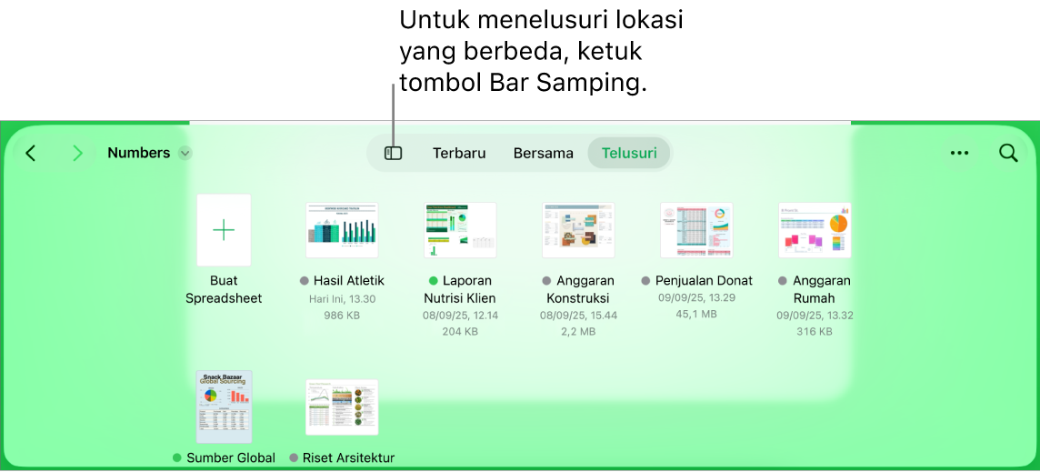 Tampilan telusur pengelola dokumen dengan tautan lokasi di pojok kiri atas dan di bawahnya terdapat bidang Cari. Di pojok kanan atas terdapat tombol Tambah Spreadsheet; tombol Folder Baru; menu pop-up untuk menggunakan tampilan daftar atau ikon, dan untuk memfilter menurut nama, tanggal, ukuran, jenis, dan label; serta tombol Pilih. Di bawah ini terdapat gambar mini dari spreadsheet yang ada.